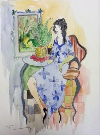 Itzchak Tarkay Portraiture Oil Painting Woman in Blue Dres IT351